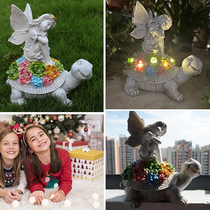 Garden Statues Outdoor Decorations Solar Turtle Angels Decor with Succulents LED Lights Garden Ornaments Figurines for Patio Yard Lawn Gifts for Women Grandma-Ruum Studio Home