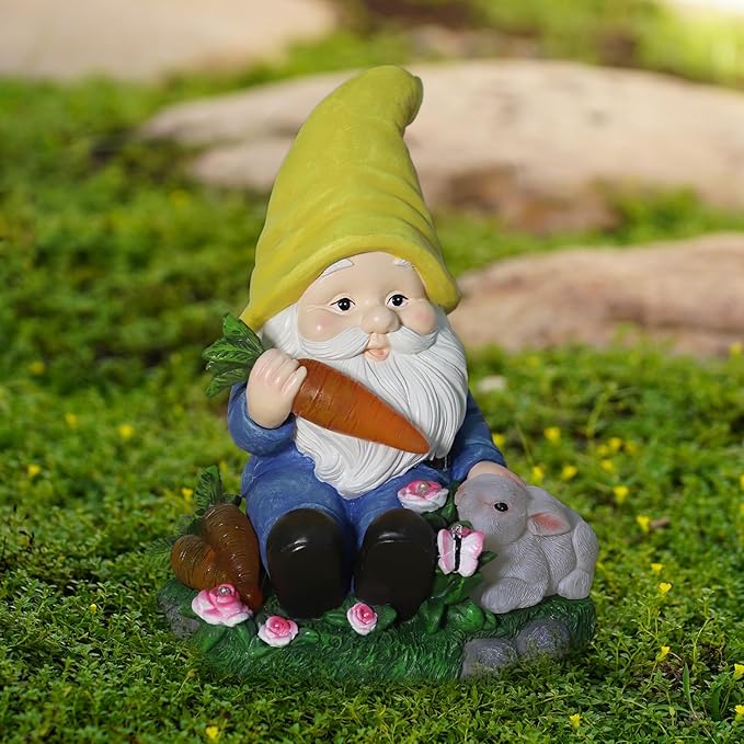 Solar Garden Outdoor Statues Gnome Feeding Rabbit with 6 LED Solar Figurine for Lawn,Patio,Balcony,Yard Decor Unique Housewarming Gift, for Grandfather, Father,Grandma-Ruum Studio Home
