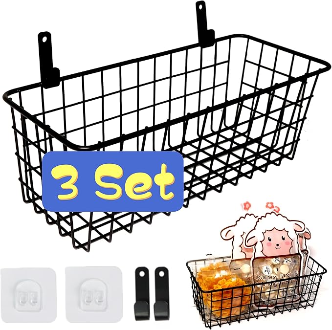 Joben Oligey 3 Set Hanging Wire Baskets ,Wall Mount Fruit Basket,No Drilling,Adhesive Small Metal Basket,Farmhouse Food Storage Mesh Bin Kitchen Pantry Laundry Bathroom Closet Garage RV ,Black-Ruum Studio Home