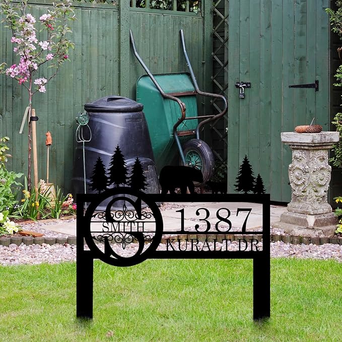 Personalized Custom Bear Wildlife Decor with Metal Stake - Address House Number Name Sign for Farmhouse, Yard, Camping-Ruum Studio Home