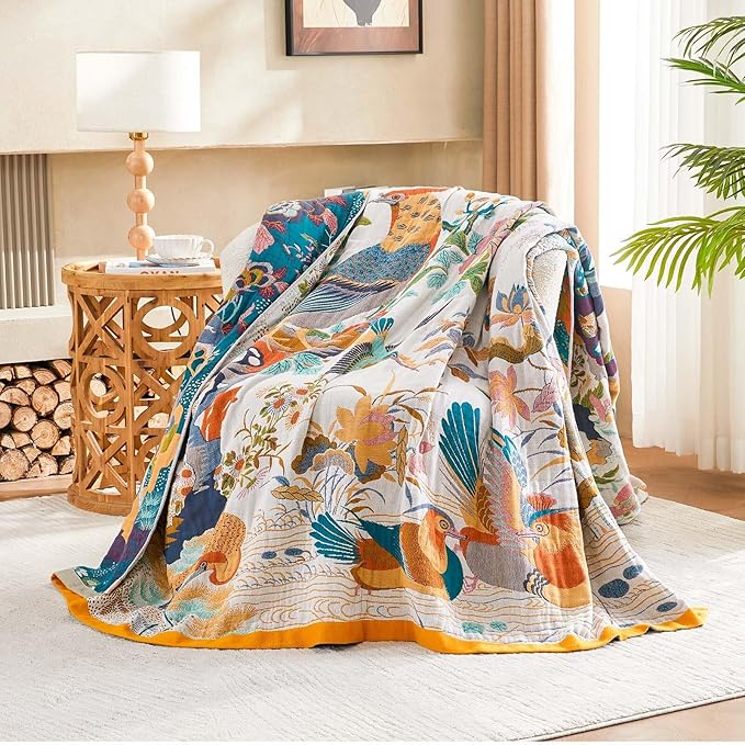 Fall Throw Blanket for Couch, Yellow Boho Decorative Throw Blanket, 100% Cotton Muslin Breathable Woven Farmhouse Blankets Quilt, 80"x90" Reversible Lightweight Blankets Bohemian Throw Quilt-Ruum Studio Home
