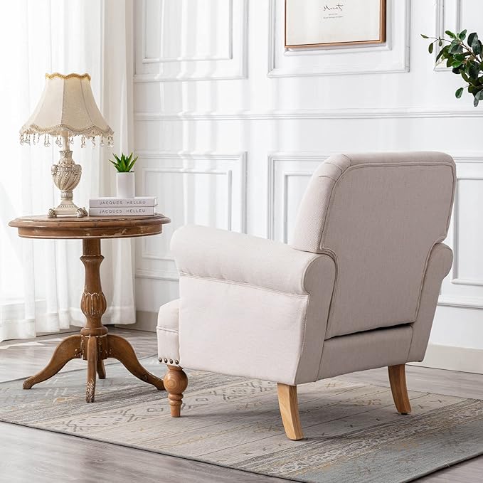 chairus Linen Accent Chair for Living Room Upholstered Mid Century Modern Single Sofa Chair with Solid Wood Legs Comfy Reading Chair Armchair for Bedroom/Office Room/Recption/Lounge, Cream-Ruum Studio Home