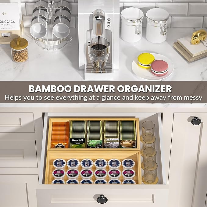 Kitchen Drawer Organizer Bins, Stackable Bamboo Drawer Organizer for Silverware, Flatware, Coffee Pod Organizer K Cup Holder for Countertop, 2 Pcs Coffee Station Organizer 12" x 6" x 2.5"-Ruum Studio Home