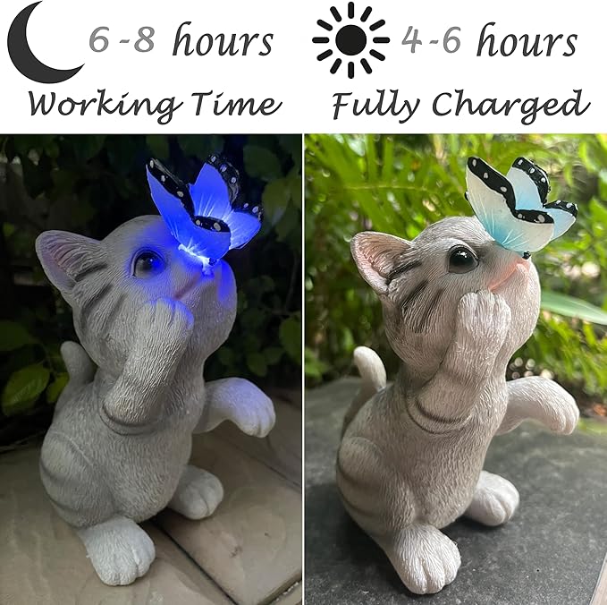 Solar Cat Outdoor Figurines Garden Decor with Butterfly Cat Statue Light for Lawn Ornaments Porch Patio Balcony Yard Decorations Outdoor Birthday Gifts for Women Grandma Mother’s Day-Ruum Studio Home