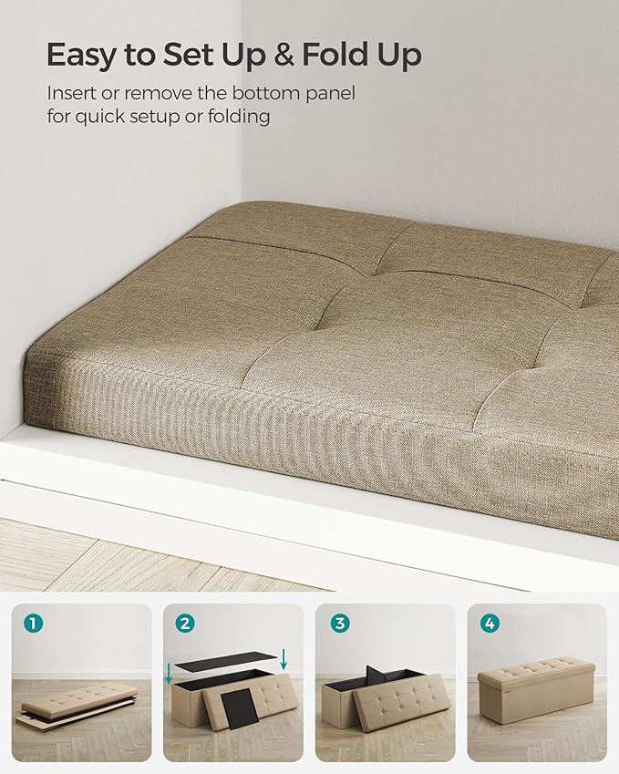 SONGMICS MAZIE Collection - 43 Inches Folding Storage Ottoman Bench, Ottoman Foot Rest, End of Bed Bench, Storage Chest, Load 660 lb, for Living Room, Bedroom, Entryway, Camel Brown ULSF077R01-Ruum Studio Home