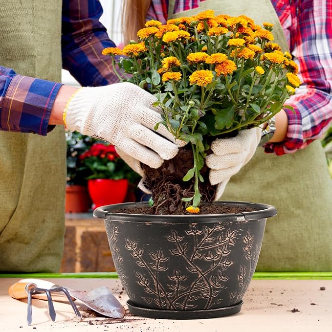 12-inch-Flower-Pots-Outdoor-Indoor, 4 Pack Plastic Planter Pots for Plant with Drainage Hole Saucer, Decorative Resin Garden Container with Tray-Ruum Studio Home