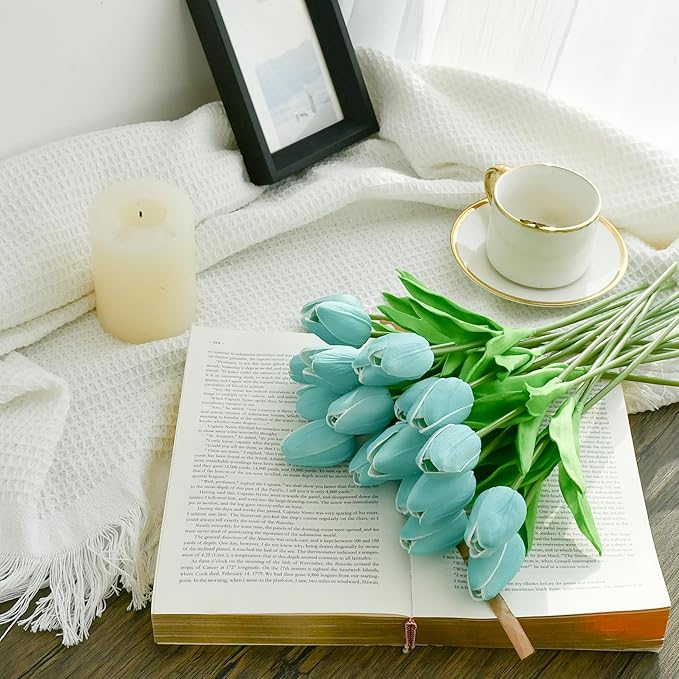 Mandy's Artificial Tulips 20 Stems Robin Egg Blue PU Faux Flowers for Wedding Home Decor 13.5 Inch-Ruum Studio Home