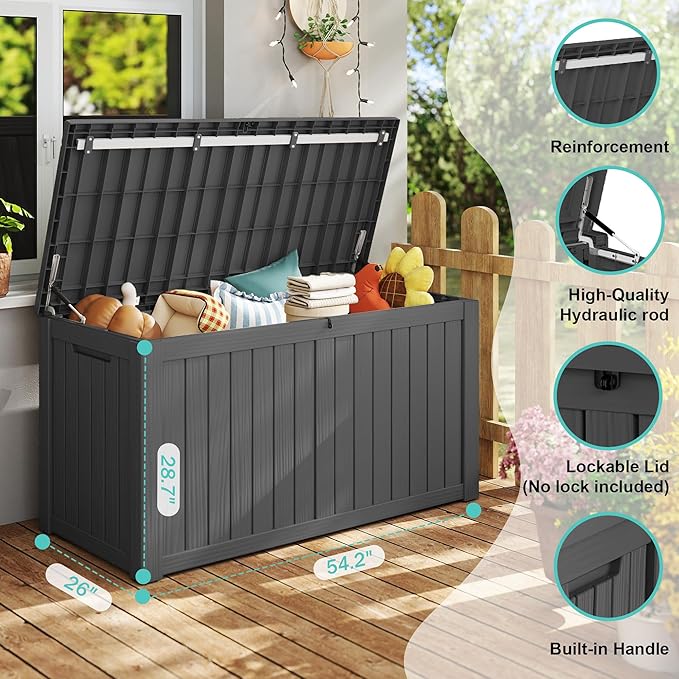 150Gal Outdoor Deck Box Waterproof, Lager Patio Storage Box Indoor and Outdoor Use, Lockable Resin Storage Bin for Patio Furniture Cushions Garden Tools, Package Delivery,UV Resistant-Black-Ruum Studio Home