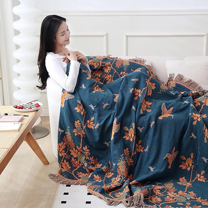 Snycler Boho Throw Blanket for Bed, 100% Organic Cotton Muslin Soft Throw-Floral Bird Farmhouse Rustic Spring Summer Fall Decor Blanket for Couch Sofa Quilt and Gift, 60" x 80" Orange-Ruum Studio Home