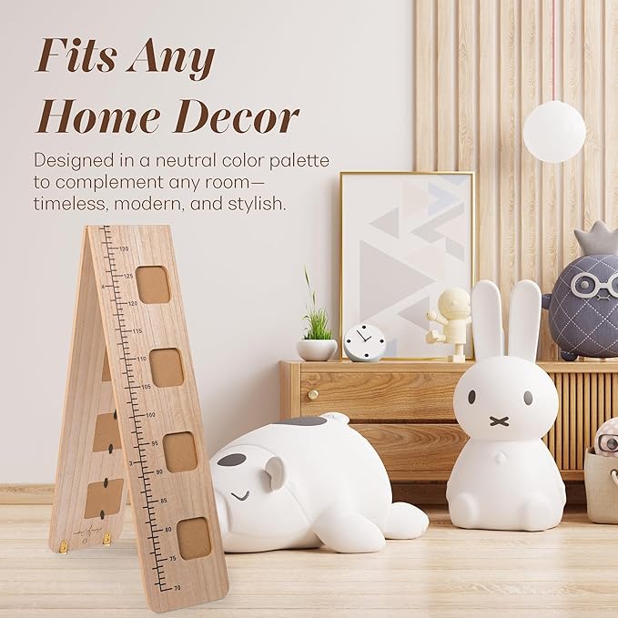 Wooden Growth Chart for Wall - Foldable Height Chart for Kids with Picture Slots - Milestone Tracker Measuring Board with Mounting Hooks - Easy Installation, Smooth Finish, Neutral Color-Ruum Studio Home