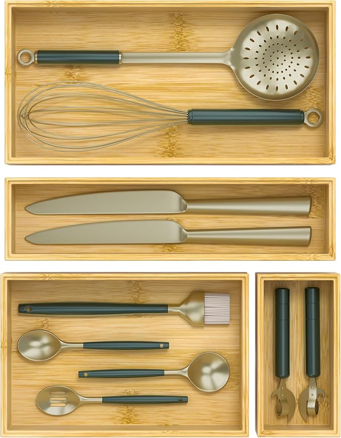 Silverware Bamboo Drawer Organizer Tray, 4 PCS Kitchen Drawer Organizer Storage for Utensil Cutlery, Bathroom, Office Desk, Makeup-Ruum Studio Home