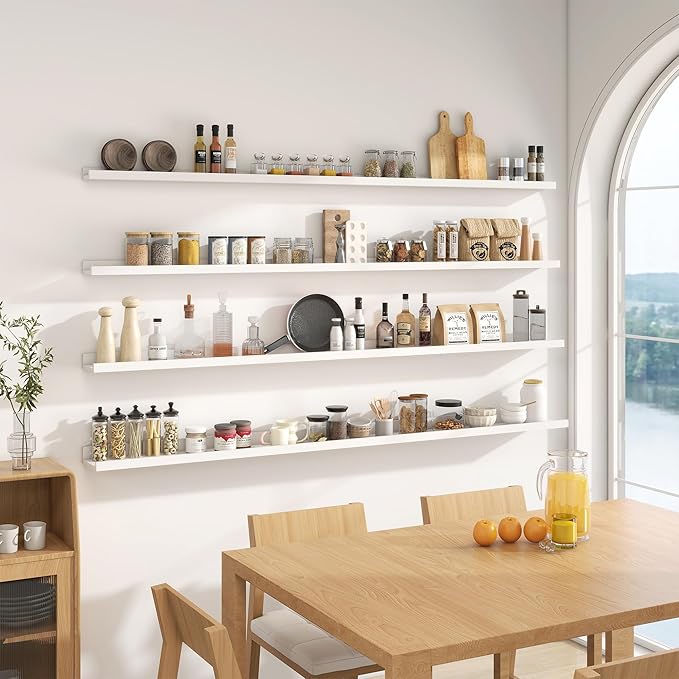 Picture Ledge Shelf for Wall, 72 inch Nursery Book Shelves 4 Packs, Large Long Floating Ledge Shelves for Kid's Room Bedroom Bathroom Living Room Photo Frames Office Nursery Wall Decor, White-Ruum Studio Home