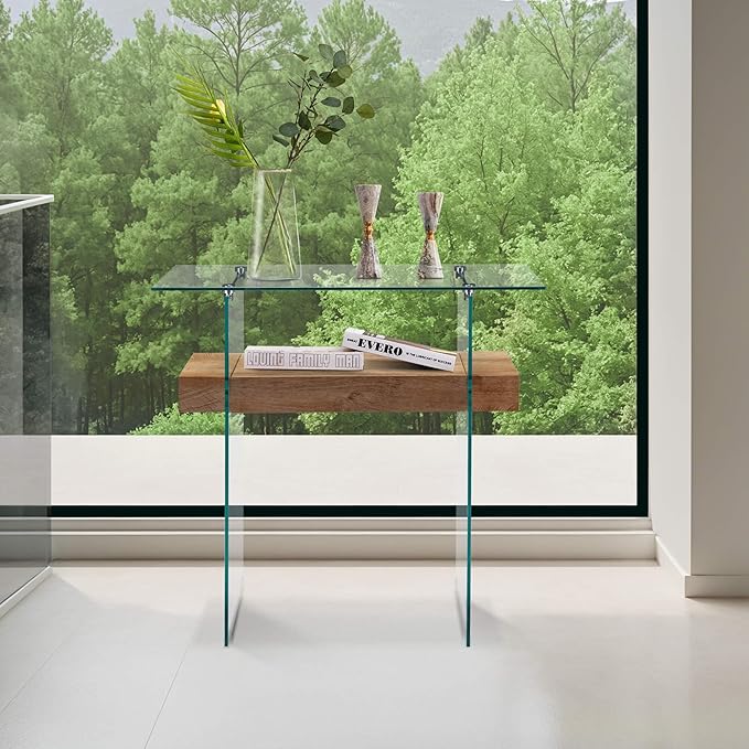 ivinta Glass Console Table with Storage, 31.5'' Modern Narrow Entryway Table for Small Space with Natural Wood Shelves for Living Room, Hallway, Foyer, Bedroom 5103 (Natural)-Ruum Studio Home