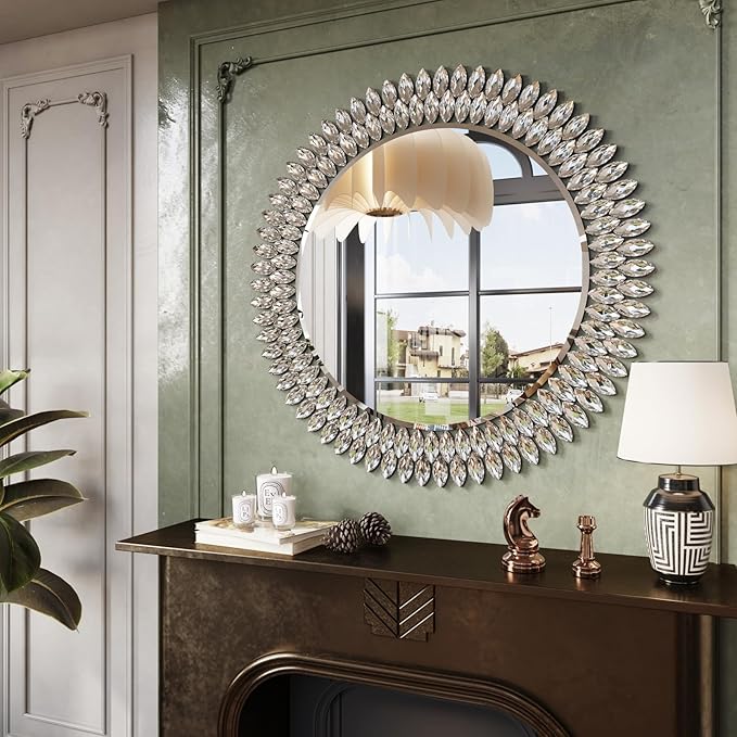 Kelly Miller Round Jeweled Mirror for Wall Decor, 32 in Modern Decorative Wall Mirror with Luxury Diamonds Beveled Vanity Mirror for Bedroom, Living Room, Bathroom, Hallway, Entryway, Fireplace-Ruum Studio Home