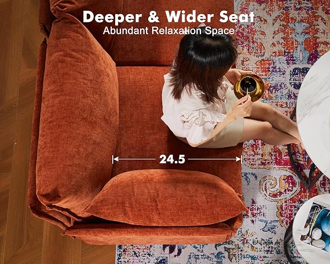 Luxury Modular Sectional Sofa, L-Shaped 3-Seat Couch with Storage Ottoman Deep Seat & Reversible Chaise Lounge Chenille Terracotta Orange for Compact Spaces, Apartments, Dorm-Ruum Studio Home