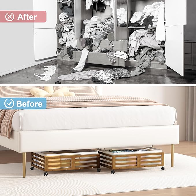 Under Bed Storage Containers With Wheels - 2 Pcs Bamboo Wood Rolling Underbed Shoe Storage Bins With Dust Bags for Clothes Blankets, Duvet Covers Snacks Toys (Walnut)-Ruum Studio Home