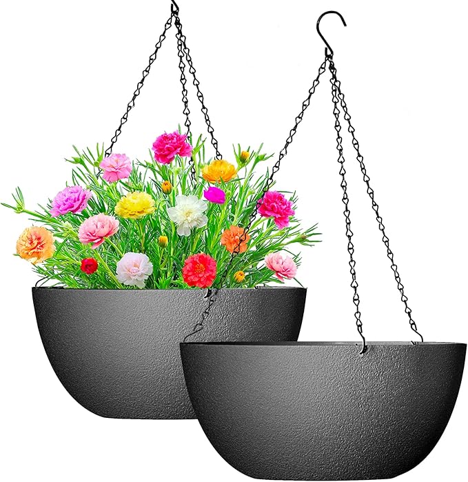 WOUSIWER 13 inch 2Pack Large Hanging Planters for Outdoor Indoor Plants with Drainage Holes and Chain, Round Hanging Flower Pots for Garden Home Porch Decor, Black-Ruum Studio Home