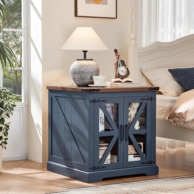 Farmhouse End Table Set of 2 with Charging Station, 24" Large Sofa Side Table with Glass Barn Door, Night Stand with Adjustable Shelf, Wood Nightstand, Square Bed Side Table for Living Room,Bedroom-Ruum Studio Home