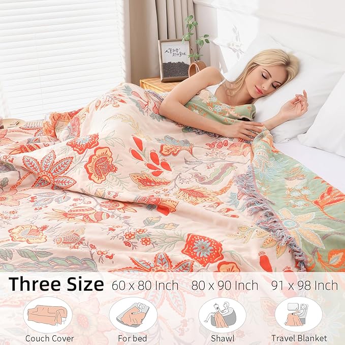 Boho Throw Blanket for Bed - 100% Pure Cotton Ultra Soft Rustic Quilt - Farmhouse Decor Bed Blankets, All Season Rustic Throw for Sofa Couch Chair(60''×80'', Floral)-Ruum Studio Home