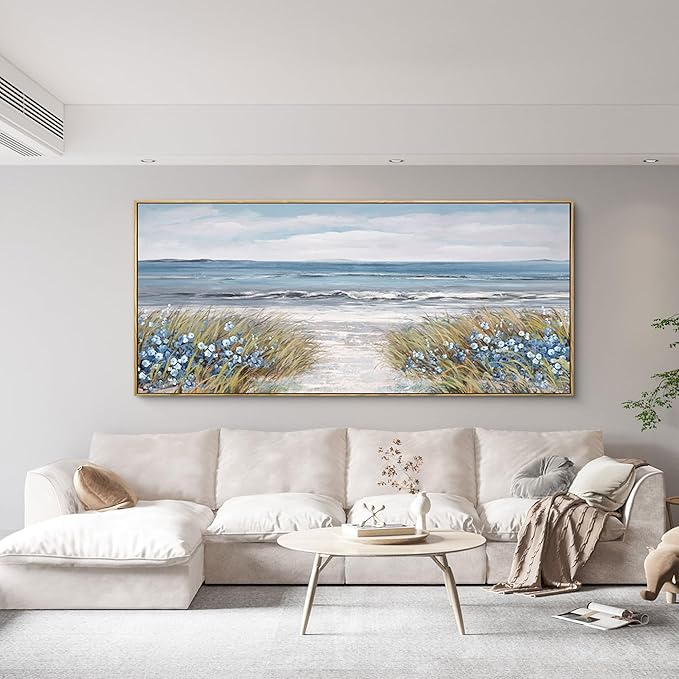 XLSJERST Extra Large Framed Wall Art for Living Room Decor - Farmhouse Boho Beach Coastal Vintage Floral Ocean Wall Picture Flowers Sea Canvas Print Artwork for Home Bedroom Office-Ruum Studio Home