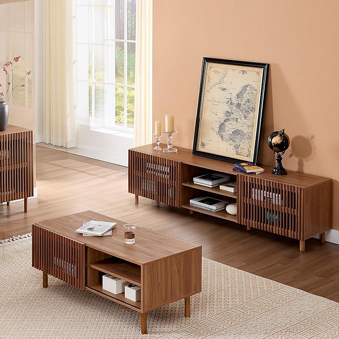 Bonzy Home 70" Mid Century Modern TV Stand, TV Console for TV up to 75", Slatted Entertainment Center with Storage and Open Shelves for Living Room, Bedroom, and Media Room-Ruum Studio Home