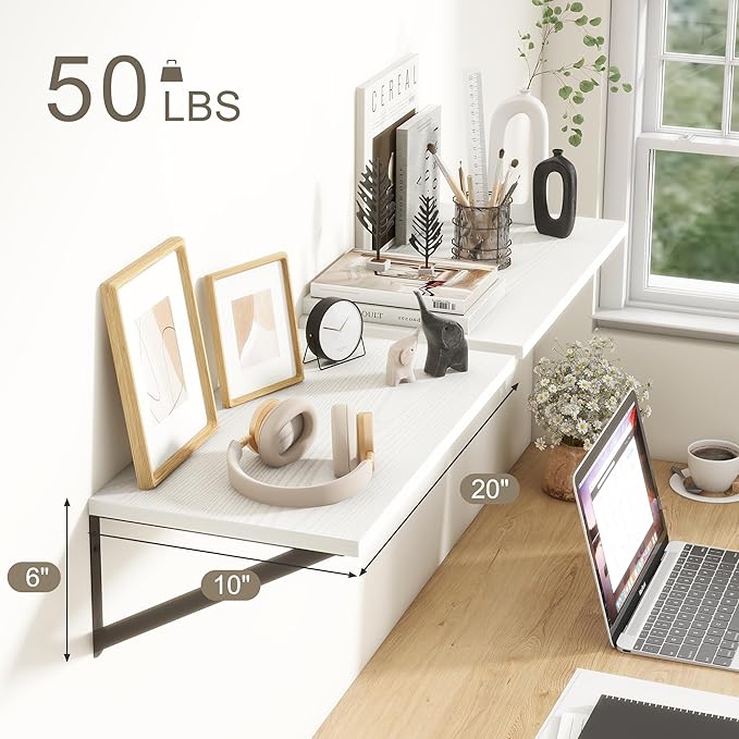 Fun Memories 20 Inch Floating Shelves for Wall, White Bathroom Shelves Set of 2, 10 Inch Deep Wall Shelf for Bedroom, Kitchen, Large Home Decor Shelves Farmhouse Storage Shelf-Ruum Studio Home