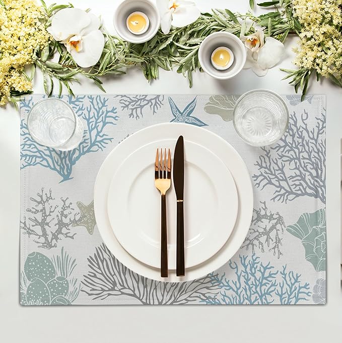 Summer Linen Placemats Set of 4 Nautical Coastal Theme Washable Non-Slip Heat Resistant Table Place Mat 12×18 Inch Ocean Beach Blue Grey Coral Starfish Place Mats for Kitchen Dining Table-Ruum Studio Home