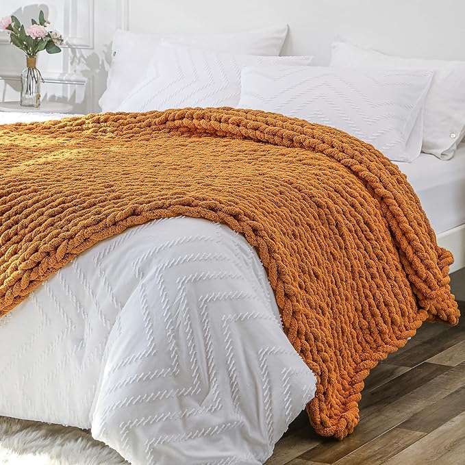 Bigacogo Chunky Knit Throw Blanket for Couch, 51x63 inches, 100% Hand Knitted with Thick Jumbo Chenille Yarn, Cozy Soft Large Rope Knot Cable Crochet Blankets for Sofa Bed Living Room, Burnt Orange-Ruum Studio Home
