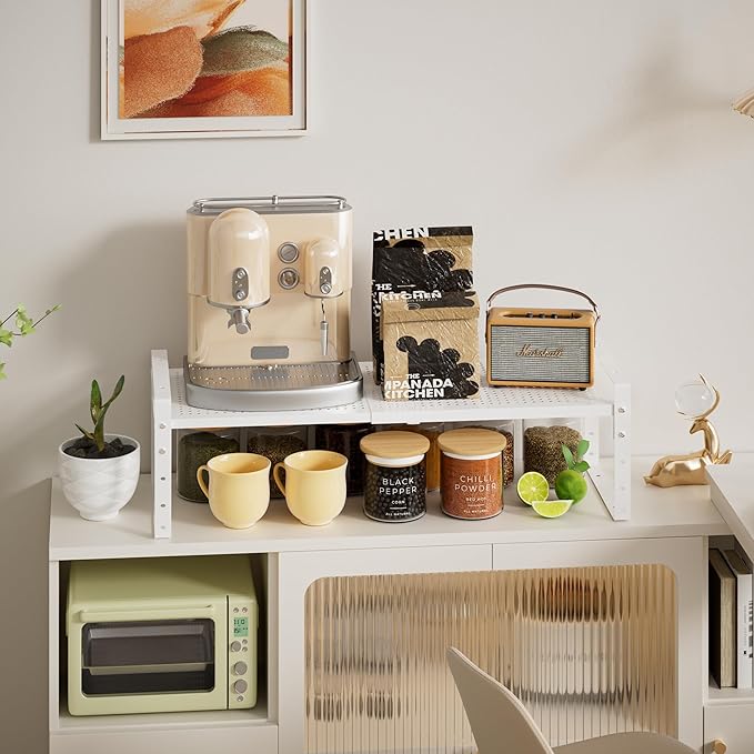 Expandable,Adjustable & Stackable Spice Rack, Cabinet Kitchen Countertop Shelf Organizer,Metal Pantry Storage Shelves - Space-Saving Storage Solution(1Pack/White/Large)-Ruum Studio Home