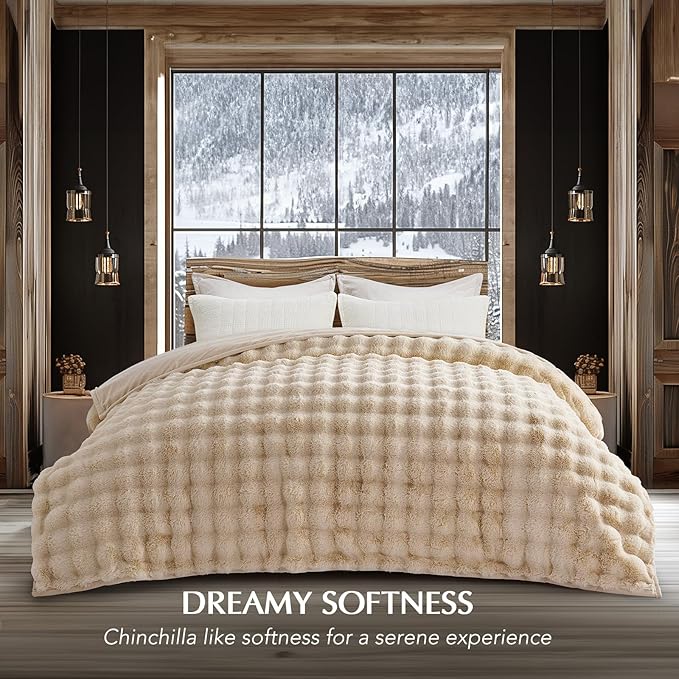 EVERGRACE Ultra Soft Luxury Fluffy Ridgeline Faux Rabbit Fur Throw Blanket, Thick Warm Bubble Throw for Bed, Cozy Plush Reversible Blankets for Couch, Chair, Sofa, Cream, 80x90 Inches, 870 GSM-Ruum Studio Home