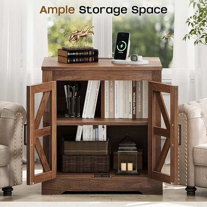 Farmhouse Side Table with Storage Cabinet, End Table with Adjustable Shelf, Night Stand, Wood Nightstand with Charger Station, 24 End Tables Living Room, Rustic Bed Side Tables Bedroom, Walnut-Ruum Studio Home