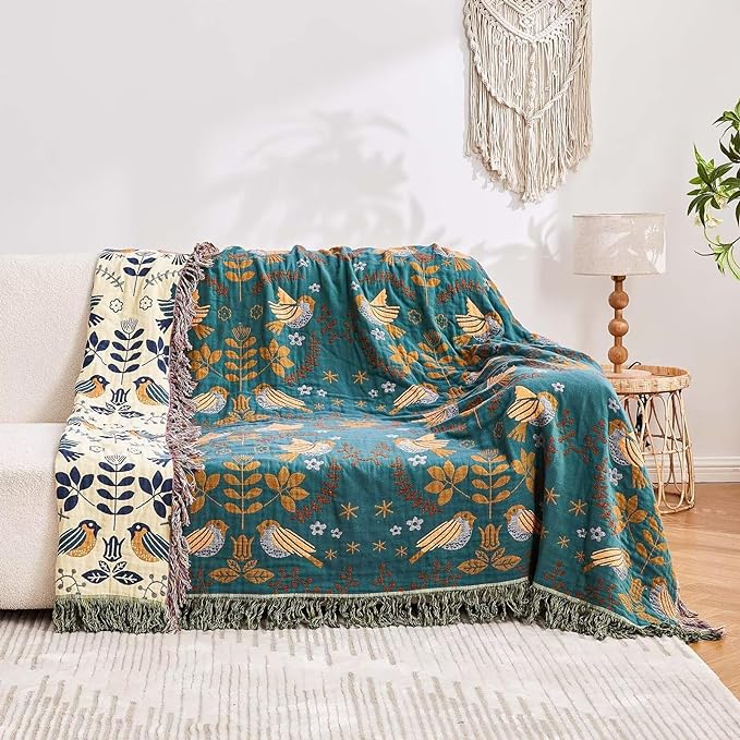 Boho Throw Blanket, 100% Cotton Ultra Soft Luxury Throw Rustic Quilt, 60"x80" Floral Printed Farmhouse Decor Bed Summer Blankets, All Season Rustic Reversible Bohemian Throw for Bed - Blue-Ruum Studio Home