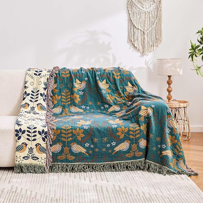 Boho Throw Blanket, 100% Cotton Ultra Soft Luxury Throw Rustic Quilt, 80"x90" Floral Printed Farmhouse Decor Bed Summer Blankets, All Season Rustic Reversible Bohemian Throw for Bed - Blue-Ruum Studio Home