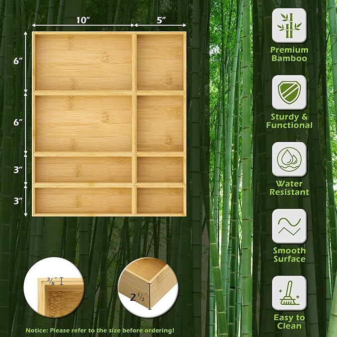 Bathroom Drawer Organizer Trays, Bamboo Silverware Drawer Organizer Kitchen Utensils, 8 PCS Wood Box Stackable Bins for Makeup, Office Desk, Vanity, Junk Drawer-Ruum Studio Home