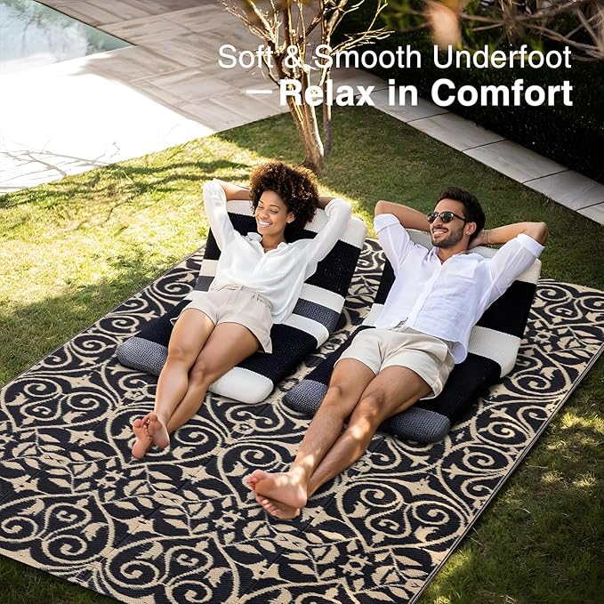 OLANLY Outdoor Rug Waterproof 5x8 ft Clearance, Reversible Outdoor Plastic Straw Rug with Floral Pattern, RV Mat for Patio, Camping, Balcony, Deck, Backyard, Black & Beige-Ruum Studio Home