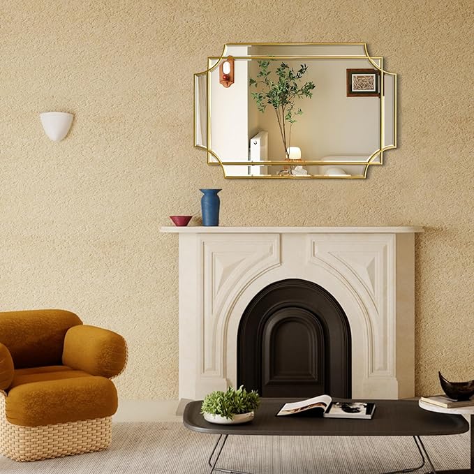 Gold Mirror for Wall, 36x24 Gold Wood Framed, Scalloped Beveled Polished Rectangle Mirror, Large Decorative Mirrors for Wall Decor, Irregular Mirror for Living Room, Bathroom Vanity, Entryway-Ruum Studio Home