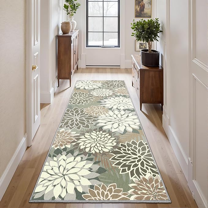 Area Rug 2x6 Brown White Washable Entry Rug Multicolored Tropical Botanical Modern Floral Indoor Kitchen Door Mat Entrance Carpet Non Slip for Bedroom Living Room, Porch-Ruum Studio Home