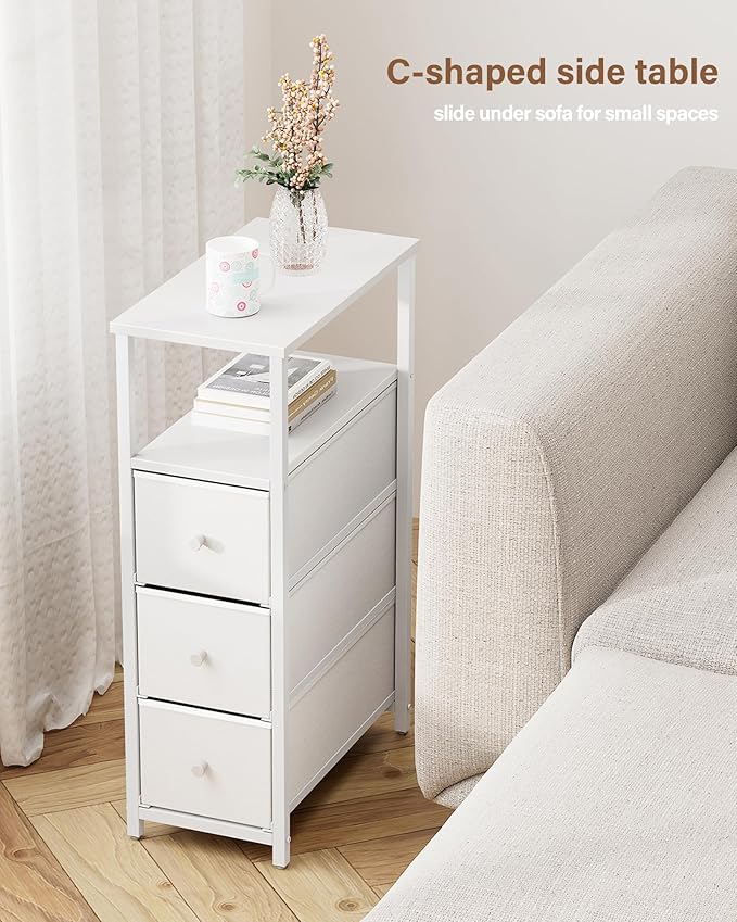 TUTOTAK Narrow Night Stand, Slim End Table, Tall Side Table with 3 Fabric Drawer, Small Bedside Table with Storage, Set of 2, for Living Room, Bedroom, White TB01BW072-Ruum Studio Home