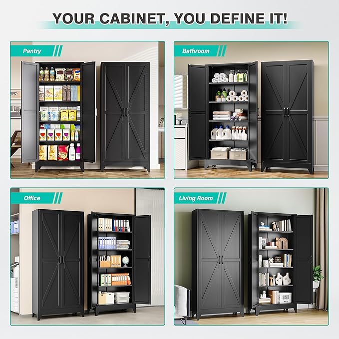 75" Tall Pantry Cabinet,Farmhouse Kitchen Pantry Storage Cabinets with 2 Doors and 5 Shelves,Black Metal Storage Cabinet,Large Cupboard for Home,Kitchen,Dining/Living Room-Ruum Studio Home