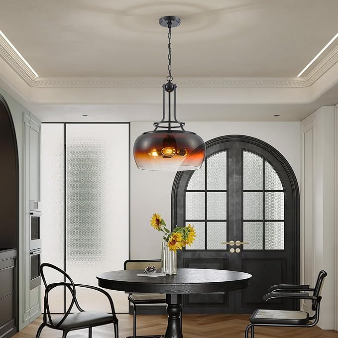 WUZUPS Chandelier Rustic Farmhouse Industrial Round Ceiling Pendant LED Light Fixture with Amber Gradient Black Glass Shade for Dining Room Kitchen Island Foyer Entryway, H 20.9" W 15.9", E26 Base-Ruum Studio Home
