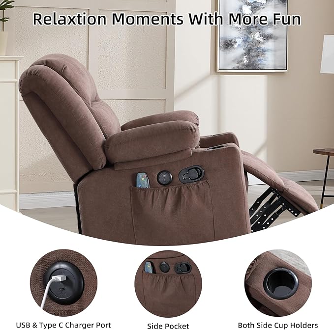 Rocker Recliner Chair with Heat and Massage, 360° Swivel Recliner Chairs for Adults, Heavy Duty Reclining Sofa Chair with USB Port Cup Holders Side Pockets for Living Room (Brown)-Ruum Studio Home