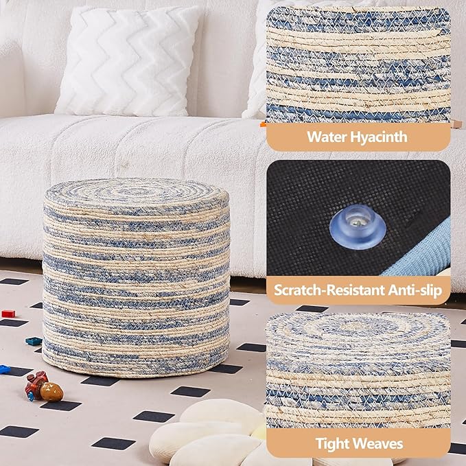 Wimarsbon 18'' Ottoman Pouf, Natural Braided Poof, Rustic Handweave Lounge Pouffe, Boho Footrest Stool for Bedroom, Accent Table for Living Room (Blue Corn Husk)-Ruum Studio Home