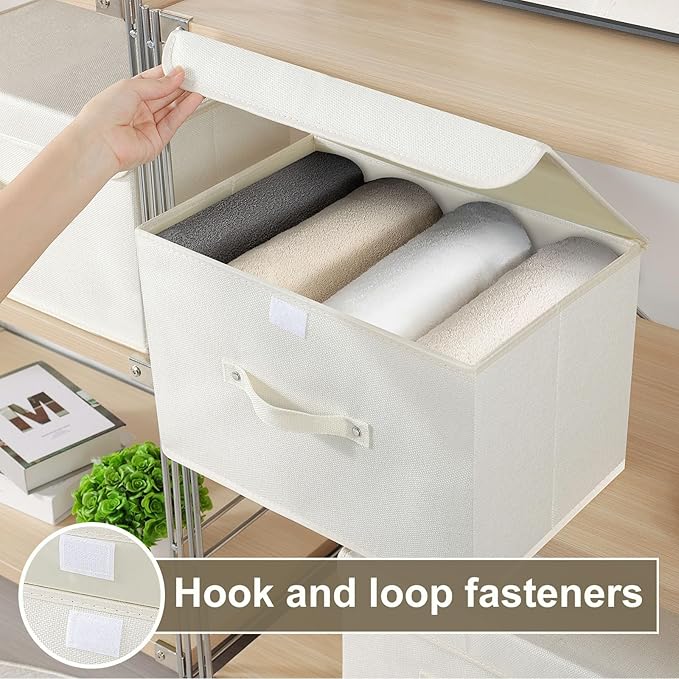 Storage Boxes, Collapsible Storage Bins with Lids, Cotton and linen cloth Storage Baskets with Handle, for Books, Closet, Bedroom, Home, 15x9.8x9.8 in, Beige-Ruum Studio Home