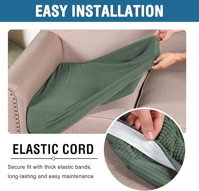 H.VERSAILTEX Super Stretch Individual Seat Cushion Covers Sofa Covers Couch Cushion Covers Slipcover Sets Thick Jacquard Textured Twill Fabric (2 Piece Medium Sofa Cushion Covers, Loden Frost)-Ruum Studio Home