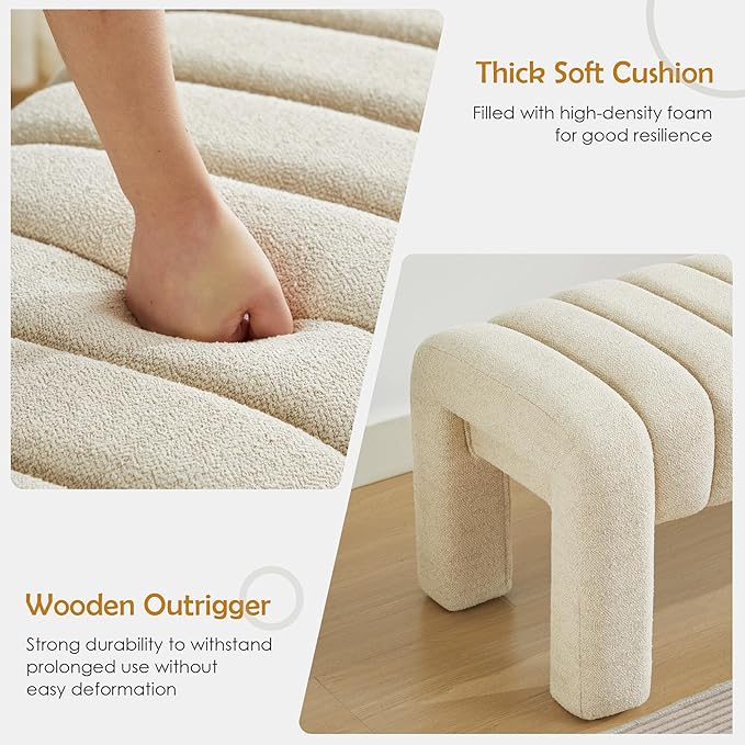 63" Bedroom Bench, Upholstered Entryway Bench, Modern End of Bed Ottoman with Solid Wood Legs and Adjustable Foot Pegs for Entryway, Dining Room and Living Room (Beige Linen)-Ruum Studio Home