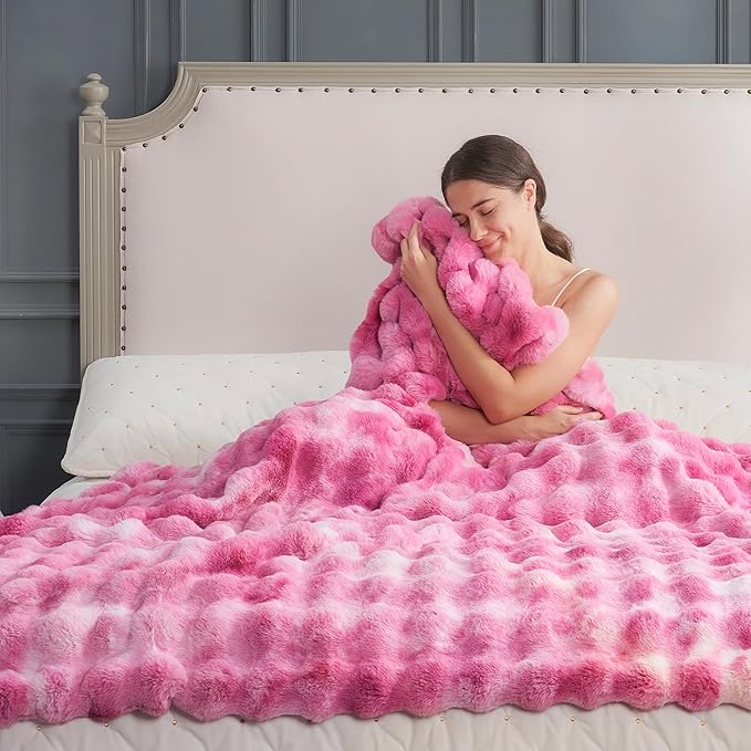 Cozy Bliss Faux Fur Throw Blanket for Couch, Fuzzy Soft Plush Thick Bubble Blanket for Sofa Bedroom Living Room, 60 * 80 Inches Tie Dye Pink-Ruum Studio Home