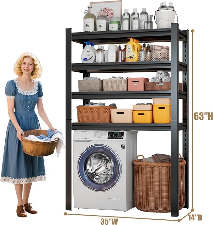 Laundry Room Storage Organizer, Over The Washer and Dryer Storage Shelves for Laundry Organization, 35" W x 14" D x 63" H, Suit Washing Machine Width Within 32.6", Hold 500 lb, Black-Ruum Studio Home
