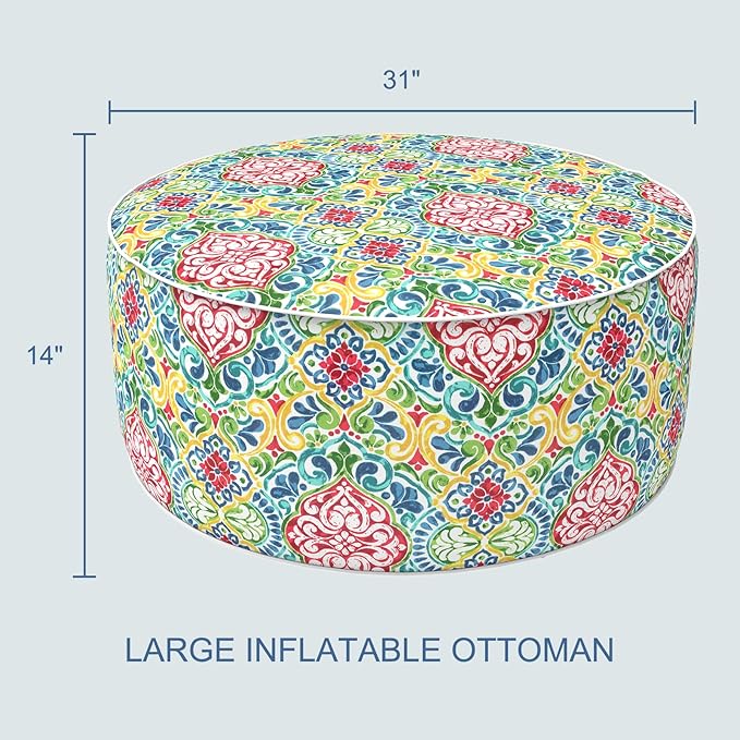 LVTXIII Indoor/Outdoor Inflatable Ottoman, D31 x H14 Inch Large Round Ottoman, All Weather Foot Rest Stool, Portable Footrest for Patio, Garden, Camping and Home - Damask Red-Ruum Studio Home