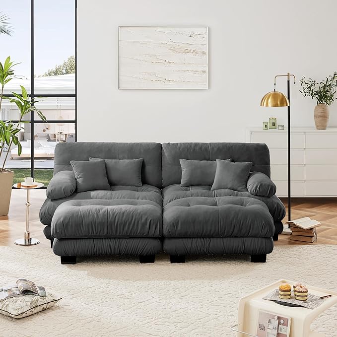 Loveseat Modular Sectional Sofa, U Shaped Couch with Ottoman, Cloud Couch Sectional Couch Home Sofa Living Room Oversized Couch Deep Seat Couch with Round Bolster Armrests 4 Pillows(Gray)-Ruum Studio Home