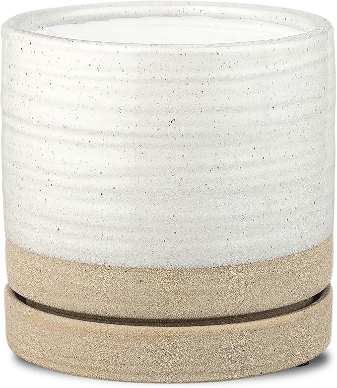 6 Inch Plant Pots, Ceramic Planter Pot with Drainage Hole & Saucer, Indoor/Outdoor Cylinder Round Planter Pot, White & Beige Glaze-Ruum Studio Home